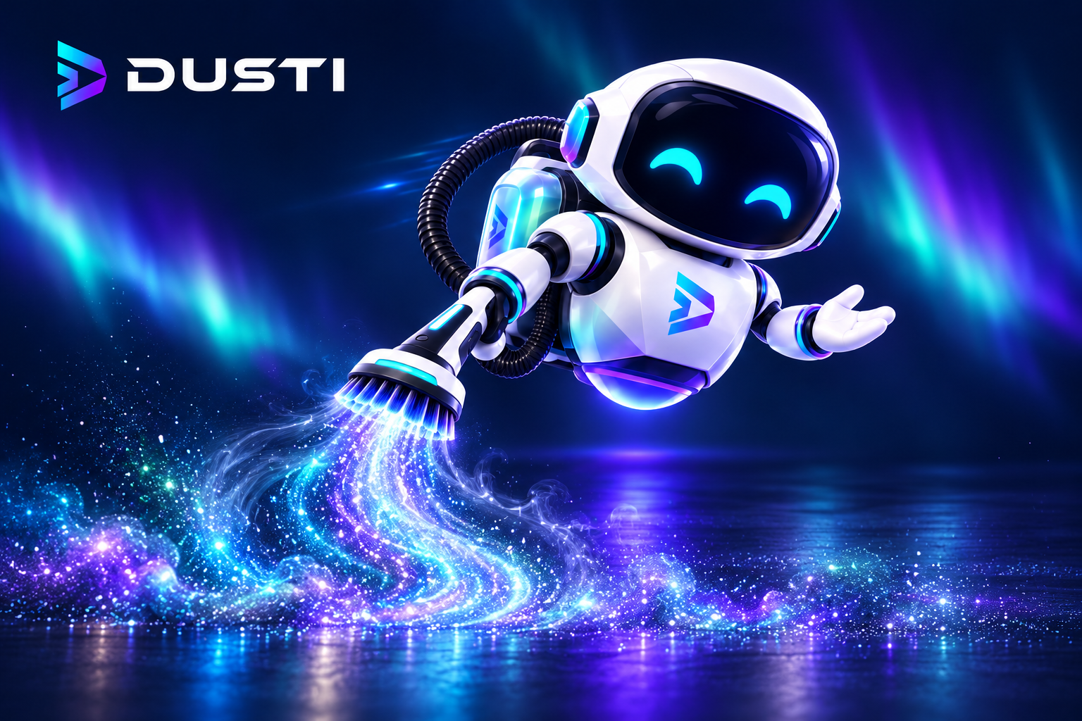 The friendly DUSTI robot collecting a trail of glowing cyan and violet dust with its vacuum